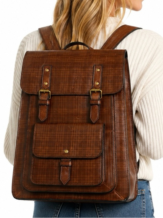 Fossil Handbags - Fossil Brown Plaid Leather Backpack Vintage Style Buckle Bookbag